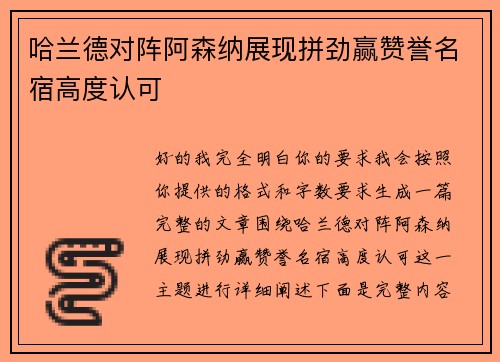 哈兰德对阵阿森纳展现拼劲赢赞誉名宿高度认可